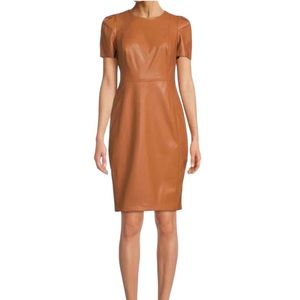 Calvin Klein Faux Leather Shirt Puff Sleeve Camel Tan Sheath Dress
